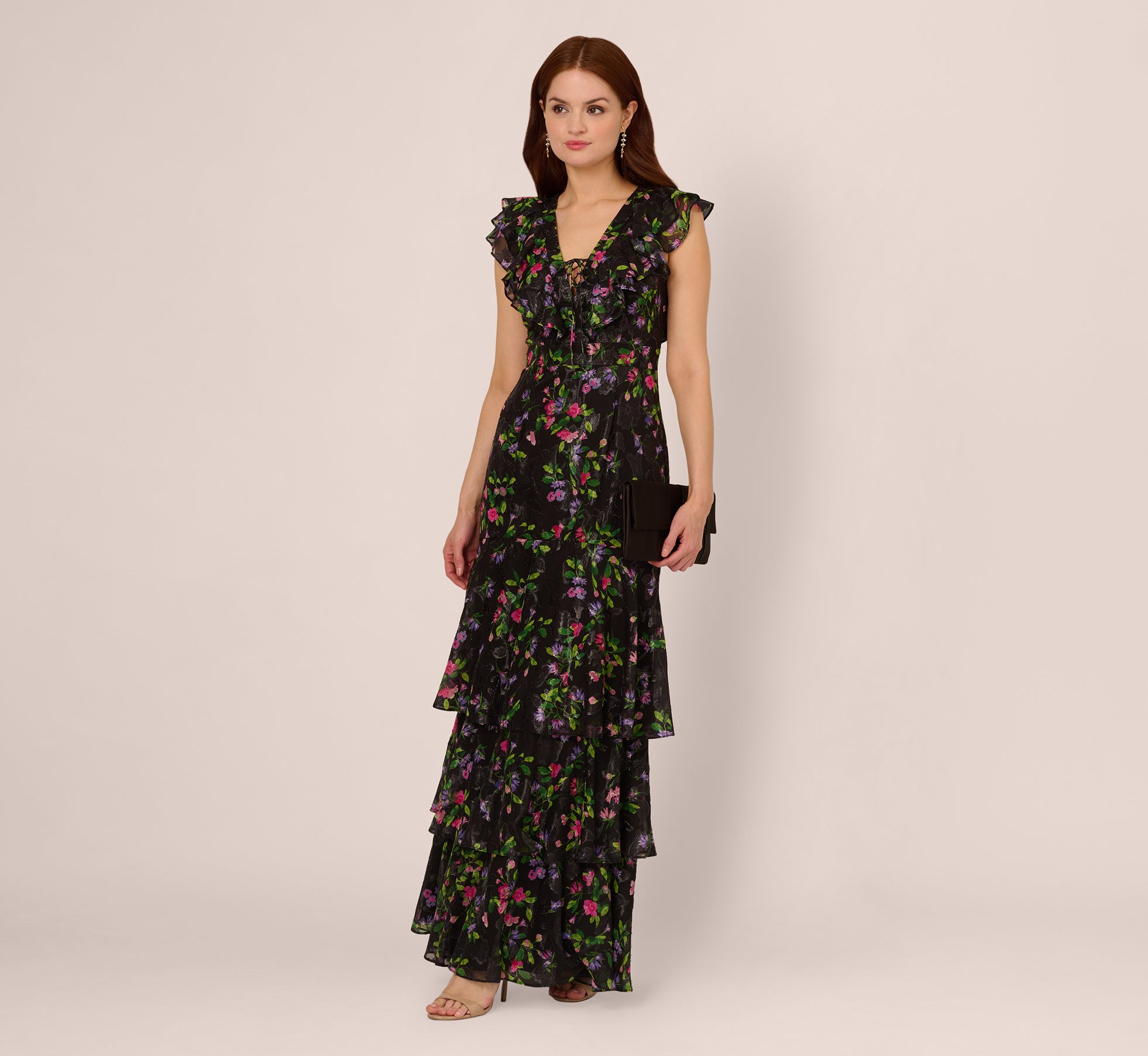 Floral Tiered Chiffon Gown With Flutter Sleeves In Black Multi、mySite、solidvoid