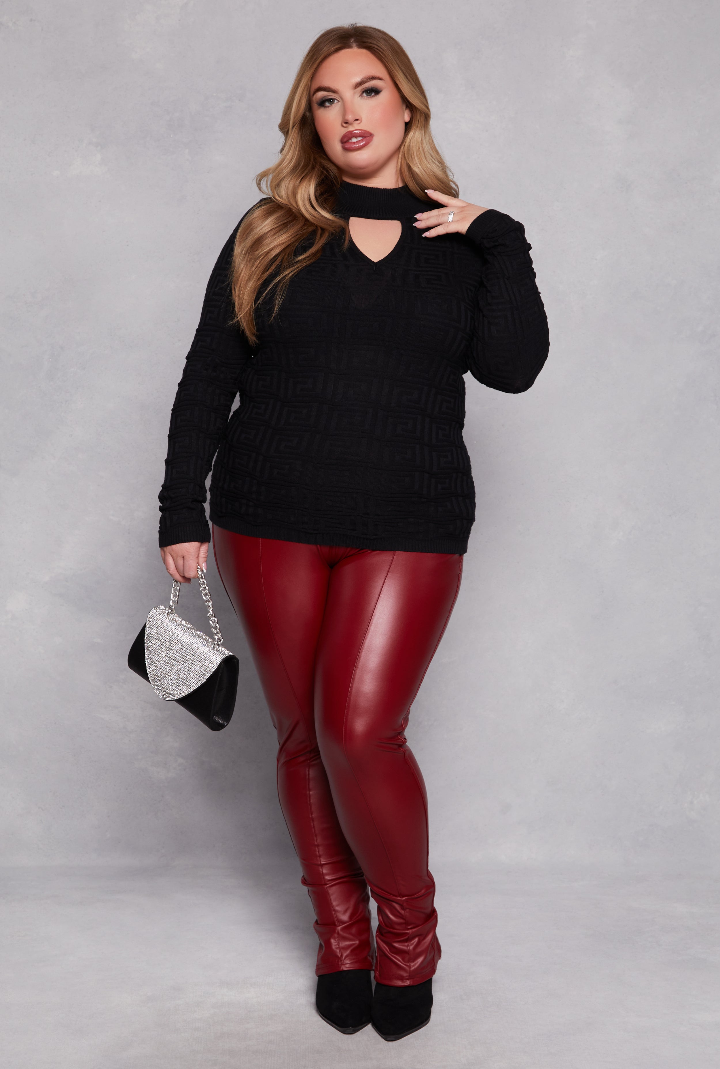 Plus Size Greek Key Mock Neck Keyhole Sweater、mySite、camillekostekn