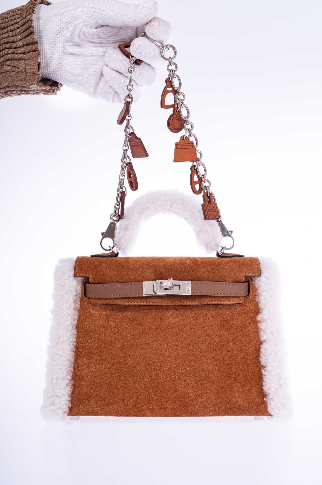 Hermès Teddy Mini Kelly 20 Chamois Grizzly, Alezan Swift and Ecru Mouton Shearling Palladium、mySite、garminoutage.com