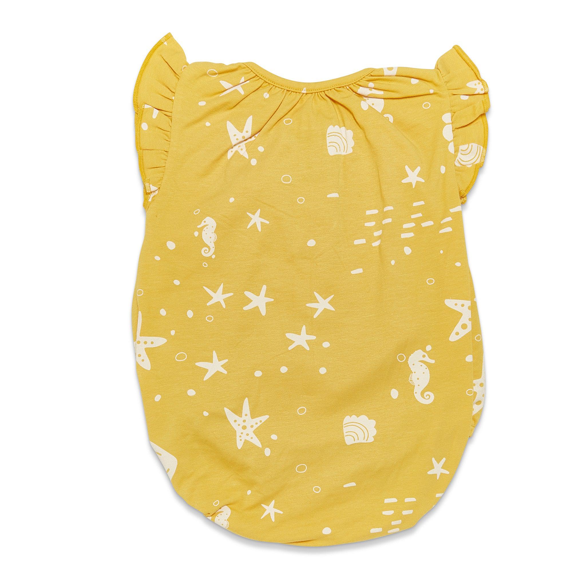 RETIRED - Organic Flutter Sleeve Button Bunsuit - Sunny Yellow Seashells、mySite、g9winljtr