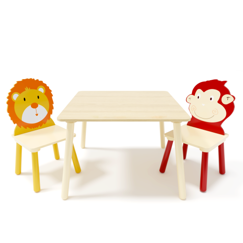 Kids Table and 2 Chairs Set, 3 Pieces Toddler Table and Chair Set, Wooden Activity Play Table Set (Lion&Monkey)、、casual
