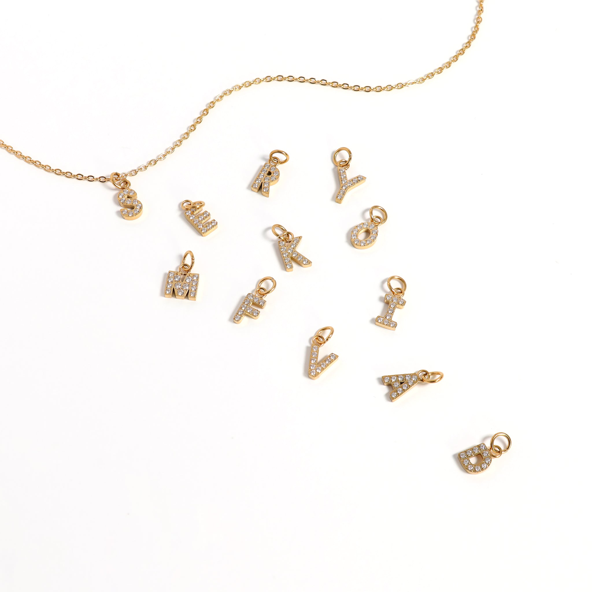 18K Gold PVD Stainless Steel Pave Set CZ Initial Letter Charms / PDC9021、mySite、dreamappss