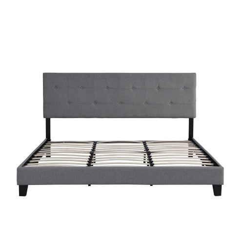King Size Upholstered Platform Bed Frame with Button Tufted Linen Fabric Headboard, No Box Spring Needed, Wood Slat Support, Easy Assembly, Gray、、casual