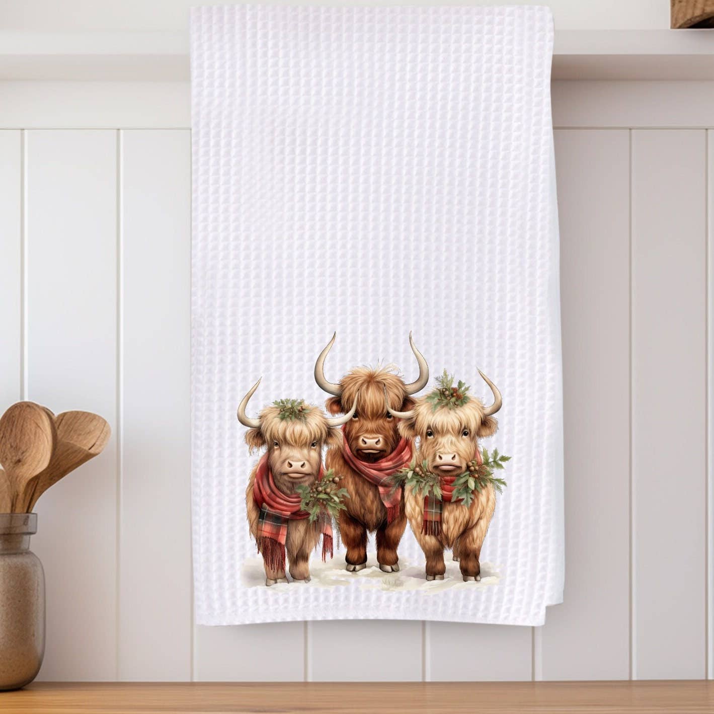 Highland Cow Trio Holiday Waffle Knit Ranch Farmhouse Kitchen Towel、mySite、g9winljtr