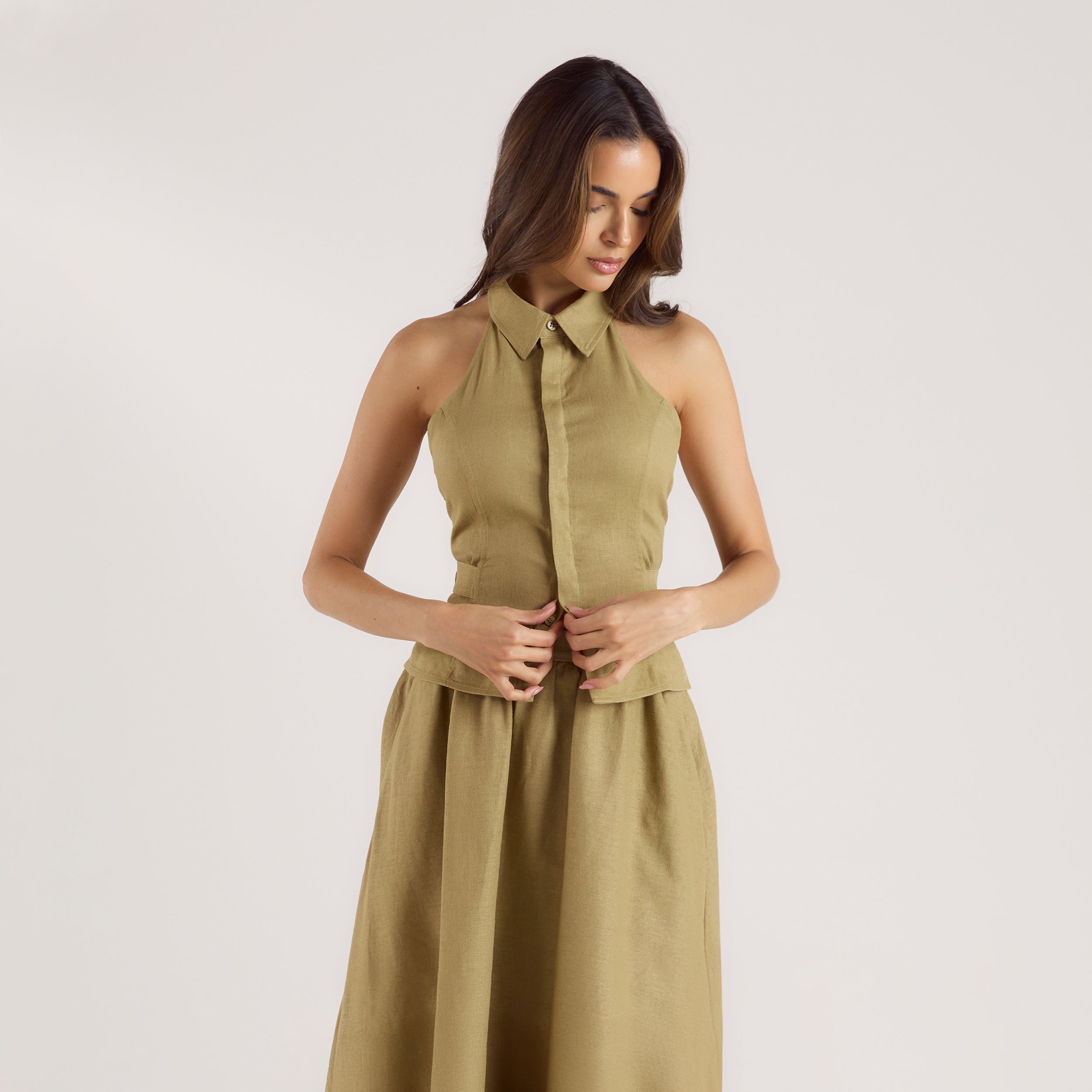 Linen Blend Halter Top - Pistachio、mySite、bengalsvssteelers