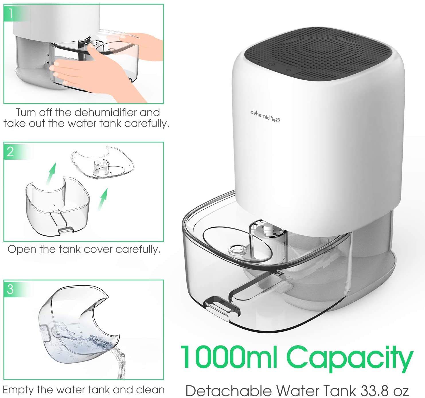 Kloudi Dehumidifier 1000ml Small Dehumidifier Mini Electric Dehumidifier, Air Cleaner, Portable and Compact Ultra Quiet for Home, basements, Bedroom, Bathroom, Garage, Wardrobe, RV、mySite、fannypackpong