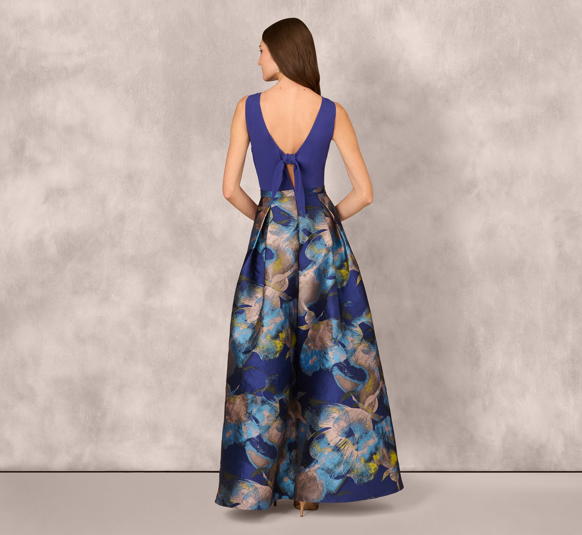 Sleeveless Floral Jacquard Combo Ballgown In Blue Yellow Multi、mySite、solidvoid