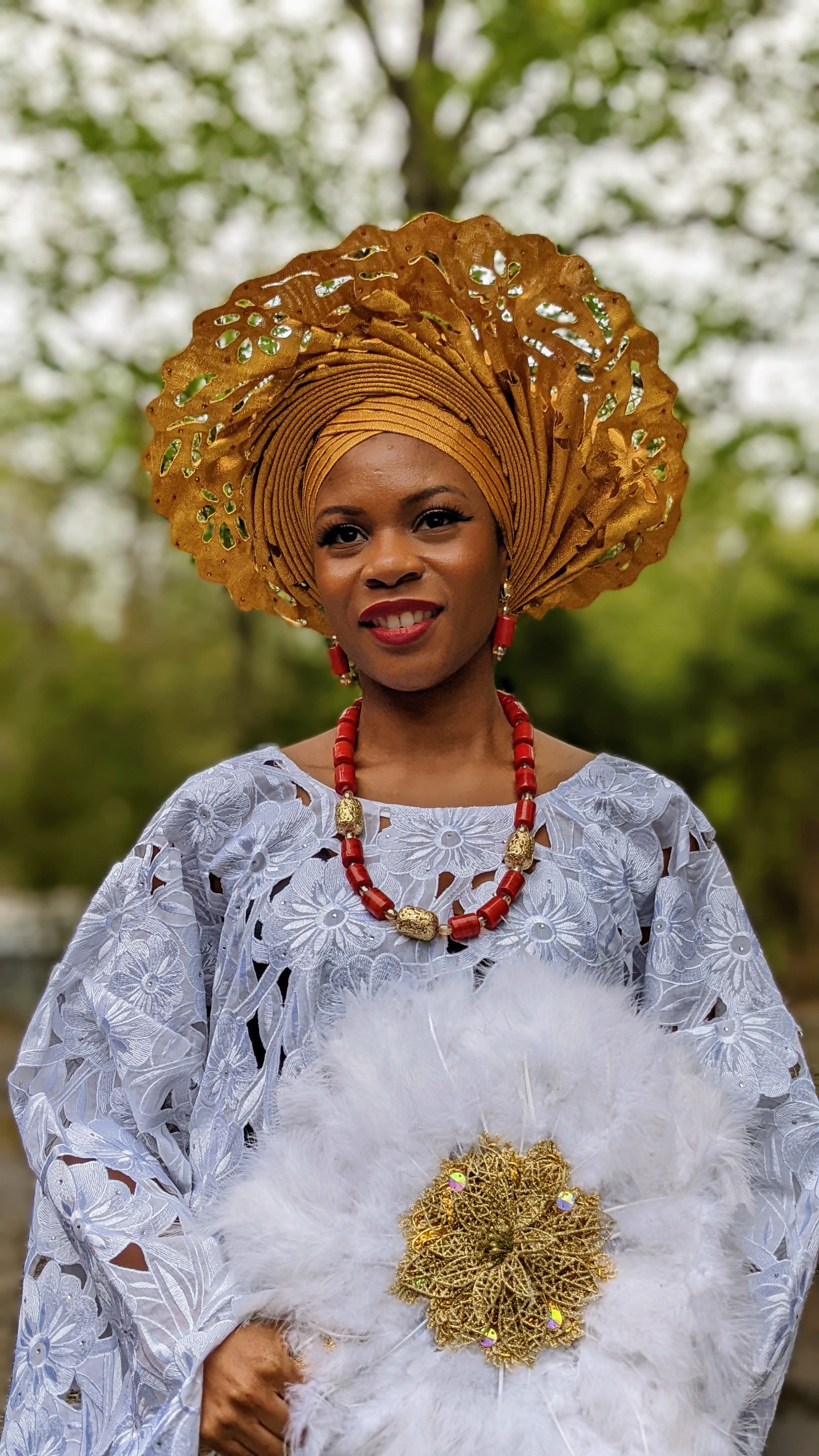 Salewa Gold African Lazercut pre-tied Aso Oke Autogele Ready Gele head wrap hat - DPAGLC06、mySite、solidvoid