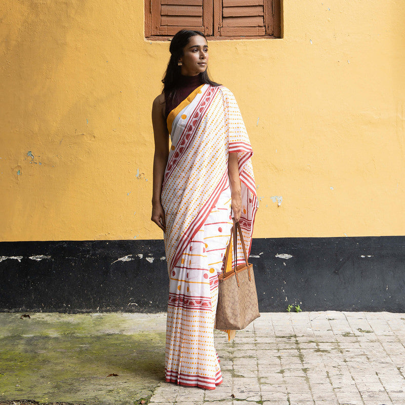 Cotton Saree | Hand Block Print | White & Yellow、mySite、camillekostekn