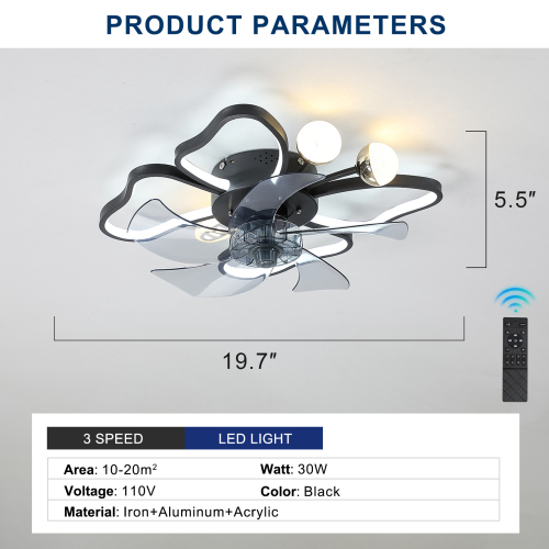 19.7 Inch Light Ceiling Fan with Lights Remote Control with Modern Butterfly Design Styling, Black, Fan for Bedroom, Living Room, Timing Function, Noiseless, Children's Favorite、、eastwooduniform