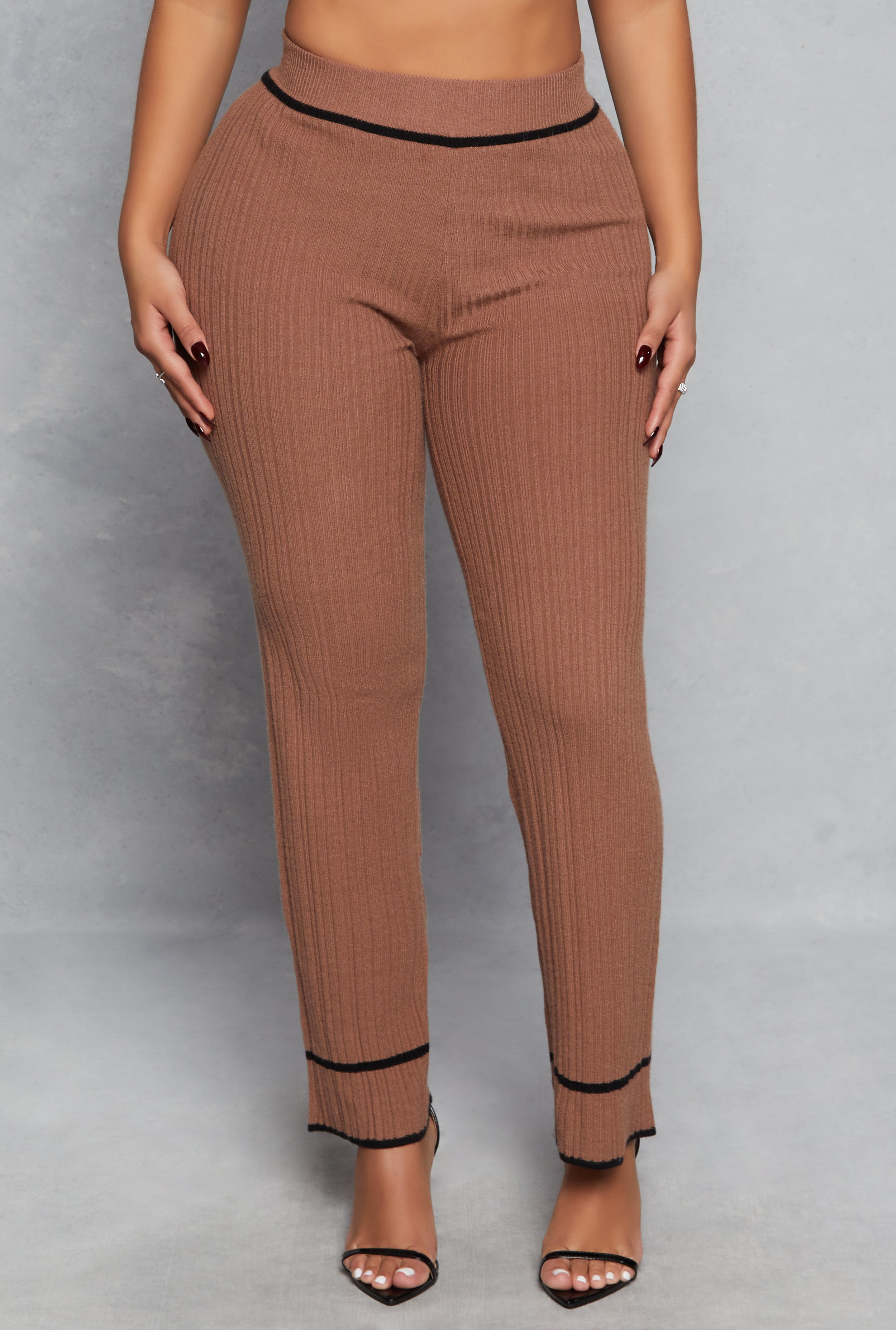 Ribbed Knit Contrast Trim Straight Leg Pants、mySite、camillekostekn