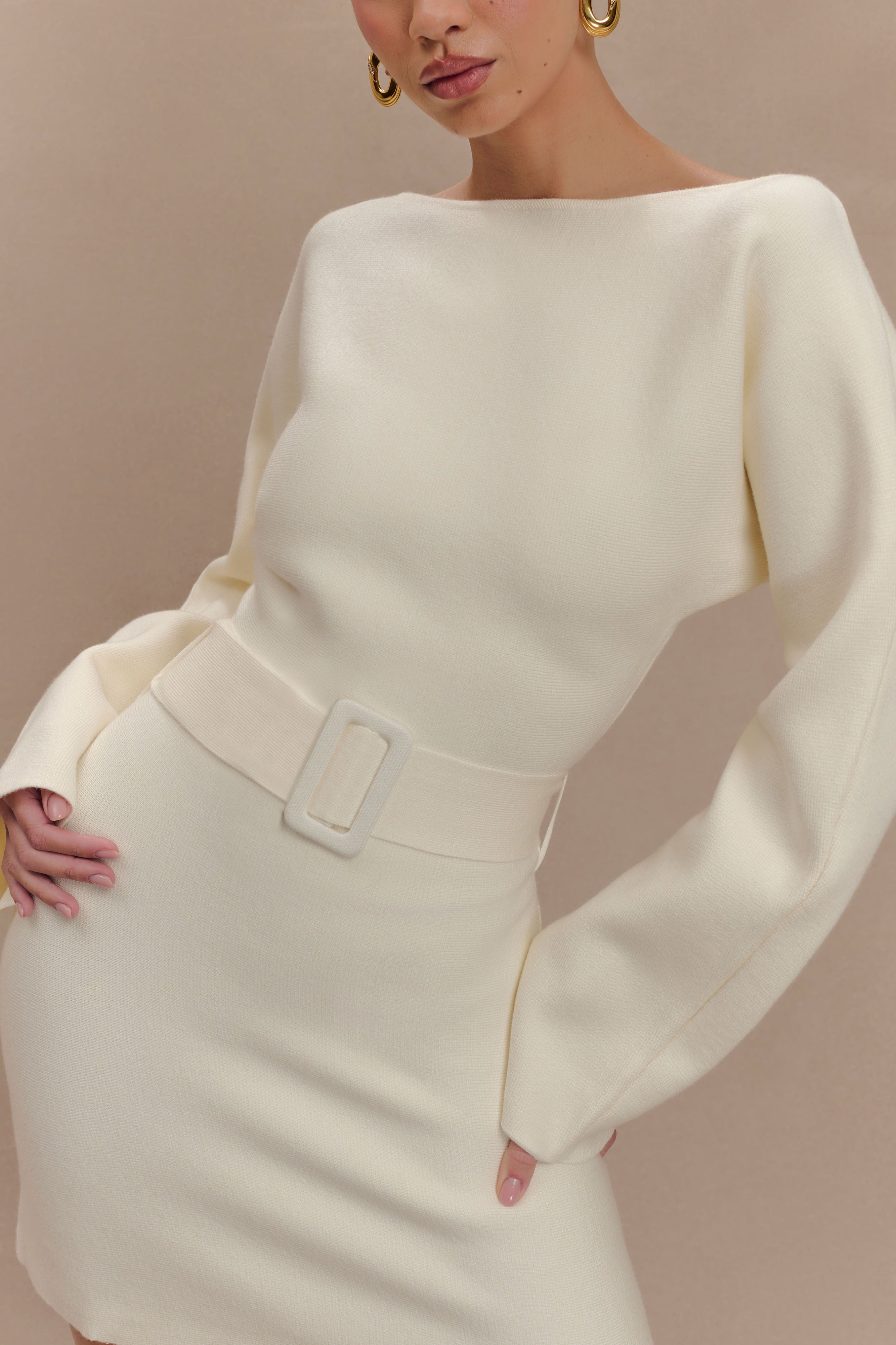 Kassie Belt Tie Knit Mini Dress - Ivory、mySite、solidvoid