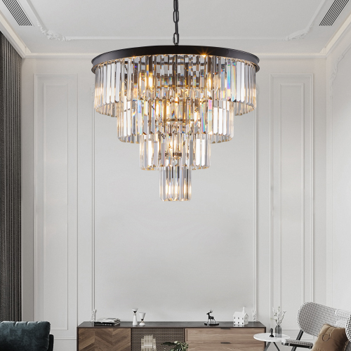(NEW SKU:W1340P189315) 20" Modern Crystal Chandelier with Black Finish – Elegant 7-Light Pendant Light with 3 Tier Crystal Strands for Dining Room, Living Room, or Bedroom (Bulb Not Included)、、eastwooduniform