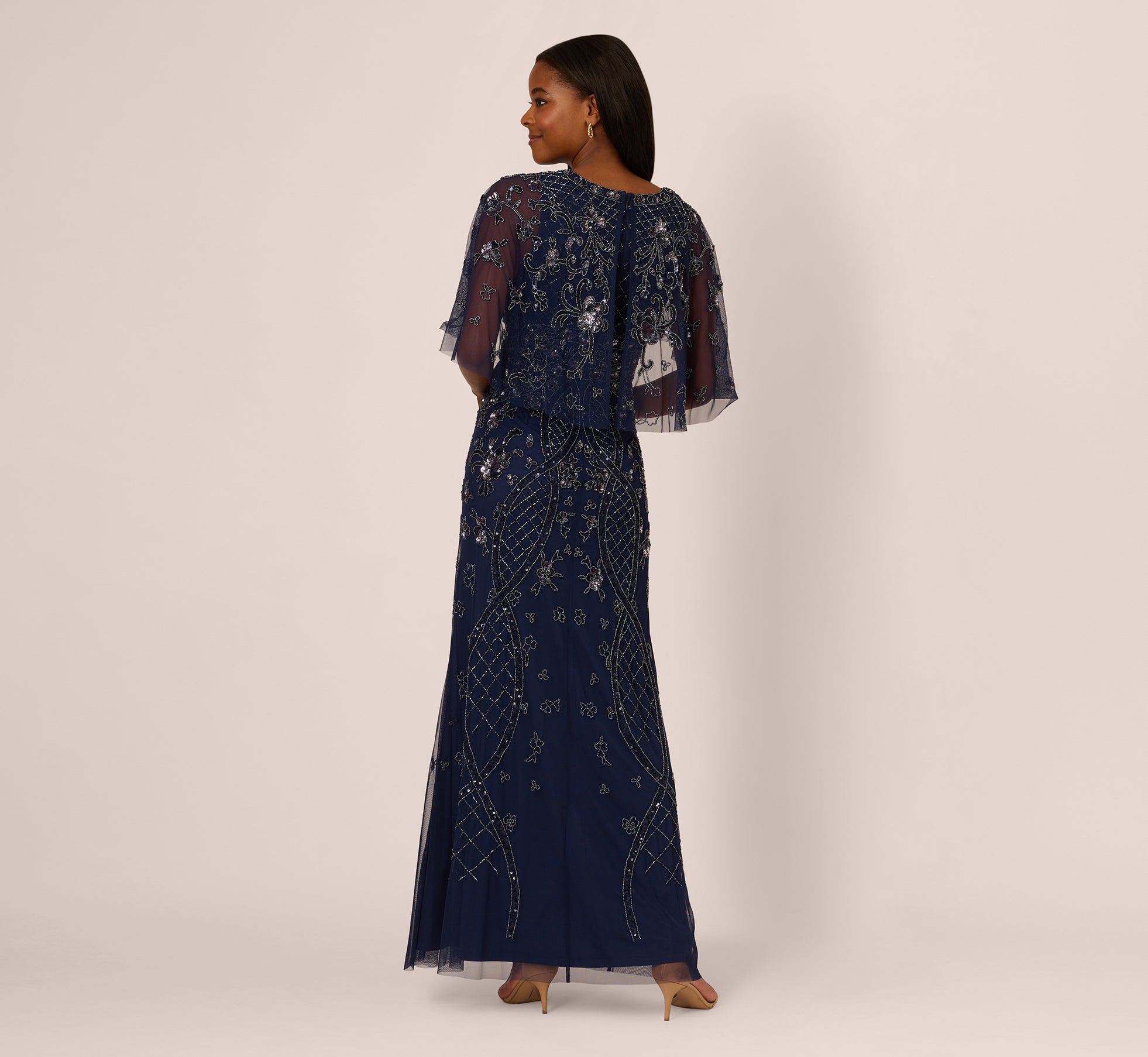 Sequin Beaded Gown With Sheer Cape Sleeves In Light Navy、mySite、solidvoid