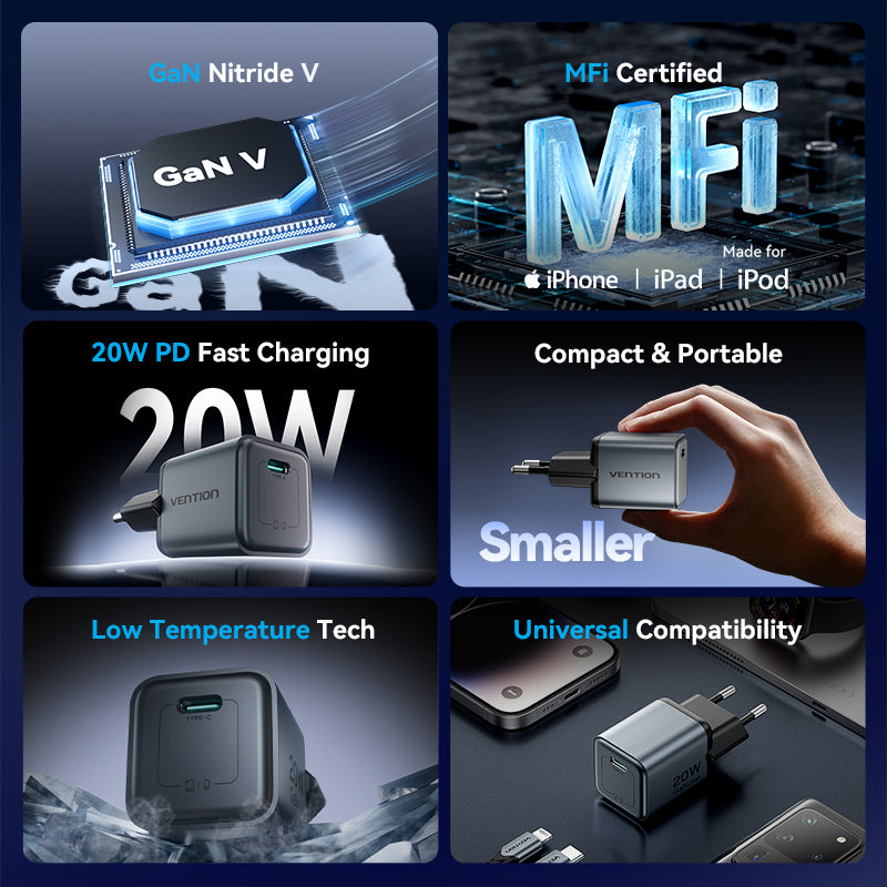 Vention 1-Port USB-C GaN Charger (20W) Gray with USB-C to Lightning Cable (1M) Black EU-Plug、mySite、fannypackpong