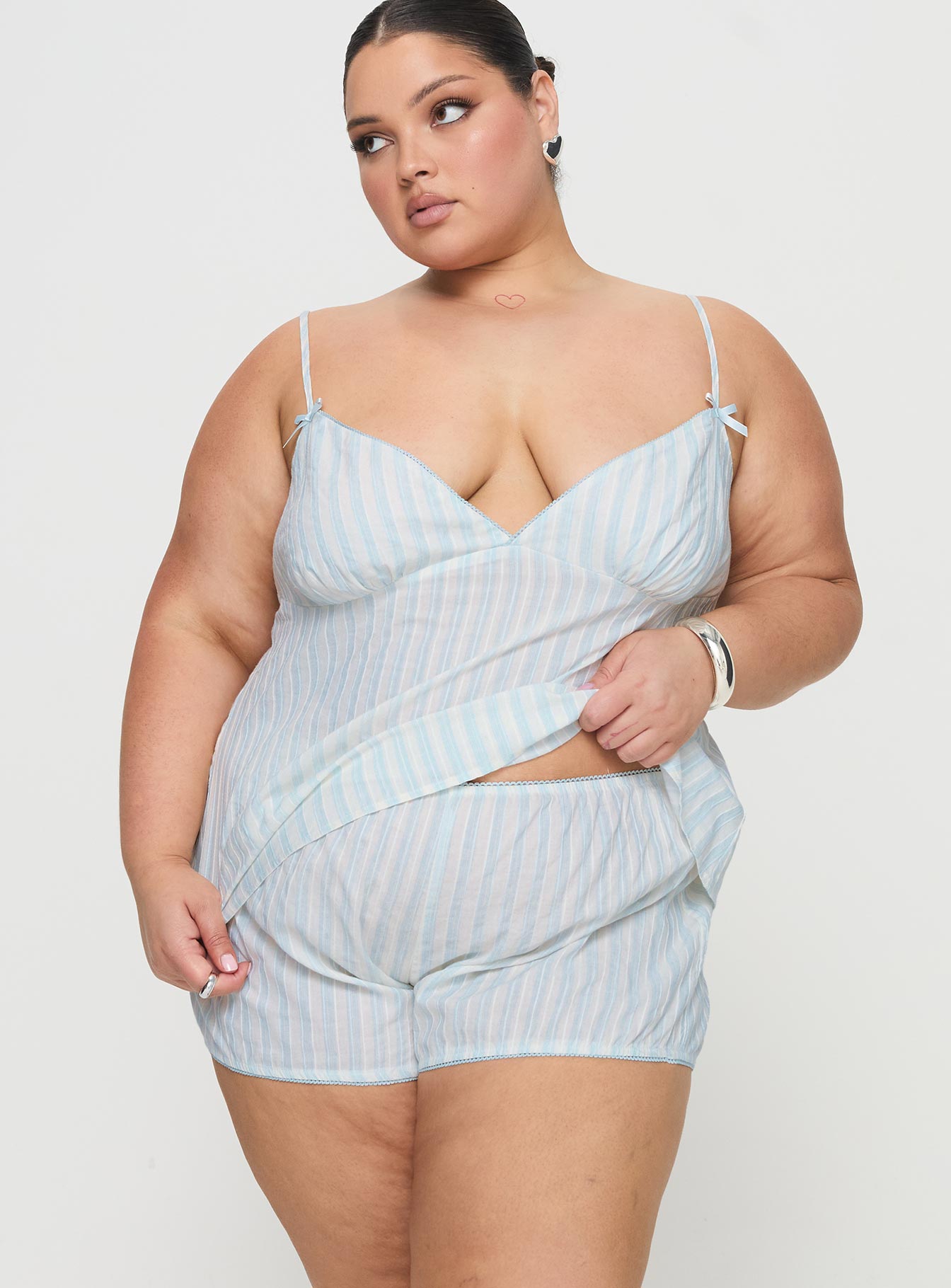 Tenderness Lace Sleep Set Blue / White Stripe Curve、mySite、solidvoid