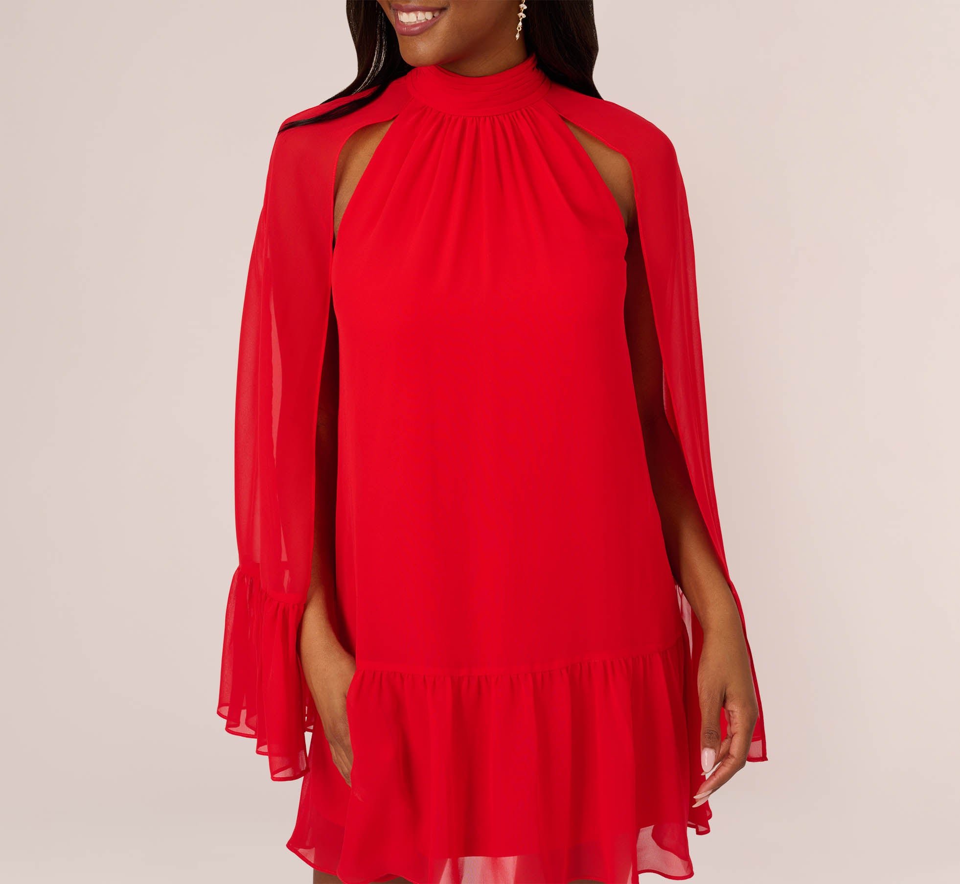 Chiffon Cape Sheath Dress With Ruffle Details In Red Crush、mySite、solidvoid
