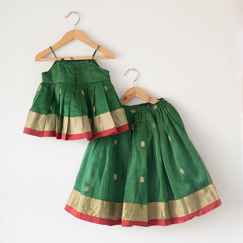 Cotton Lehenga Choli Set For Girls | Ethnic Pleated Top & Lehenga | Green、mySite、camillekostekn