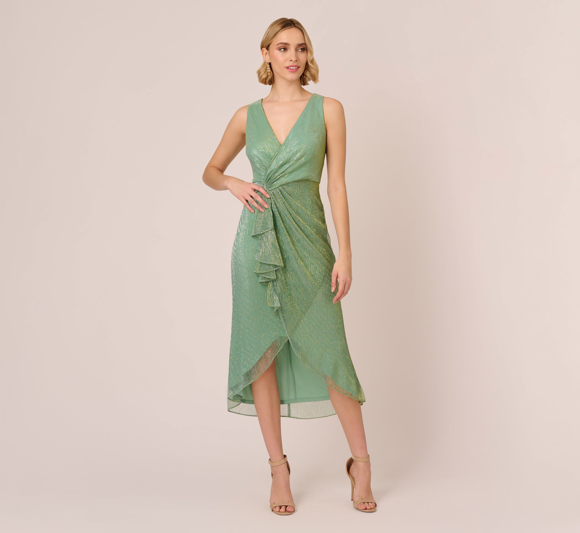 Crinkle Metallic Faux Wrap Dress With Draped Detail In Green Slate、mySite、solidvoid