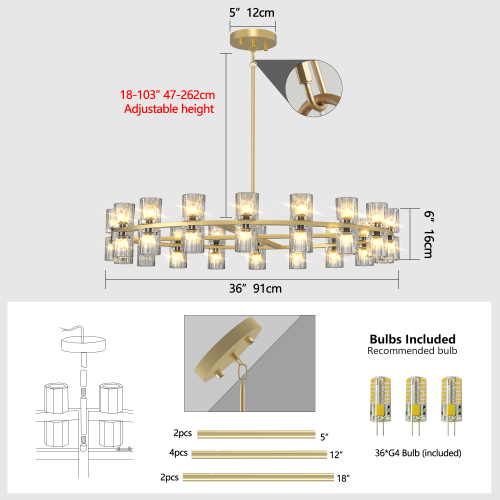 Modern 36" Gold Round Chandelier Light Fixture, K9 Crystal Chandeliers for Dining Room, Living Room, Dining Room Chandeliers Over Table, Chandelier for Bedroom, Foyer, Includes 36XG4 Bulbs、、eastwooduniform