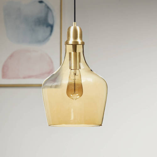 Auburn Bell Shaped Hanging Glass Pendant Light Gold/Amber Dia.9"、、eastwooduniform