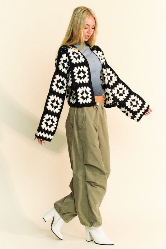 Davi & Dani Full Size Two Tone Flower Square Crochet Open Front Cardigan、mySite、camillekostekn
