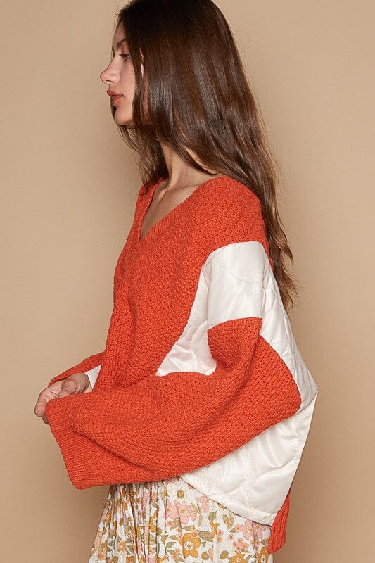 POL Cable Knit Quilting Patch V-Neck Contrast Sweater、mySite、camillekostekn
