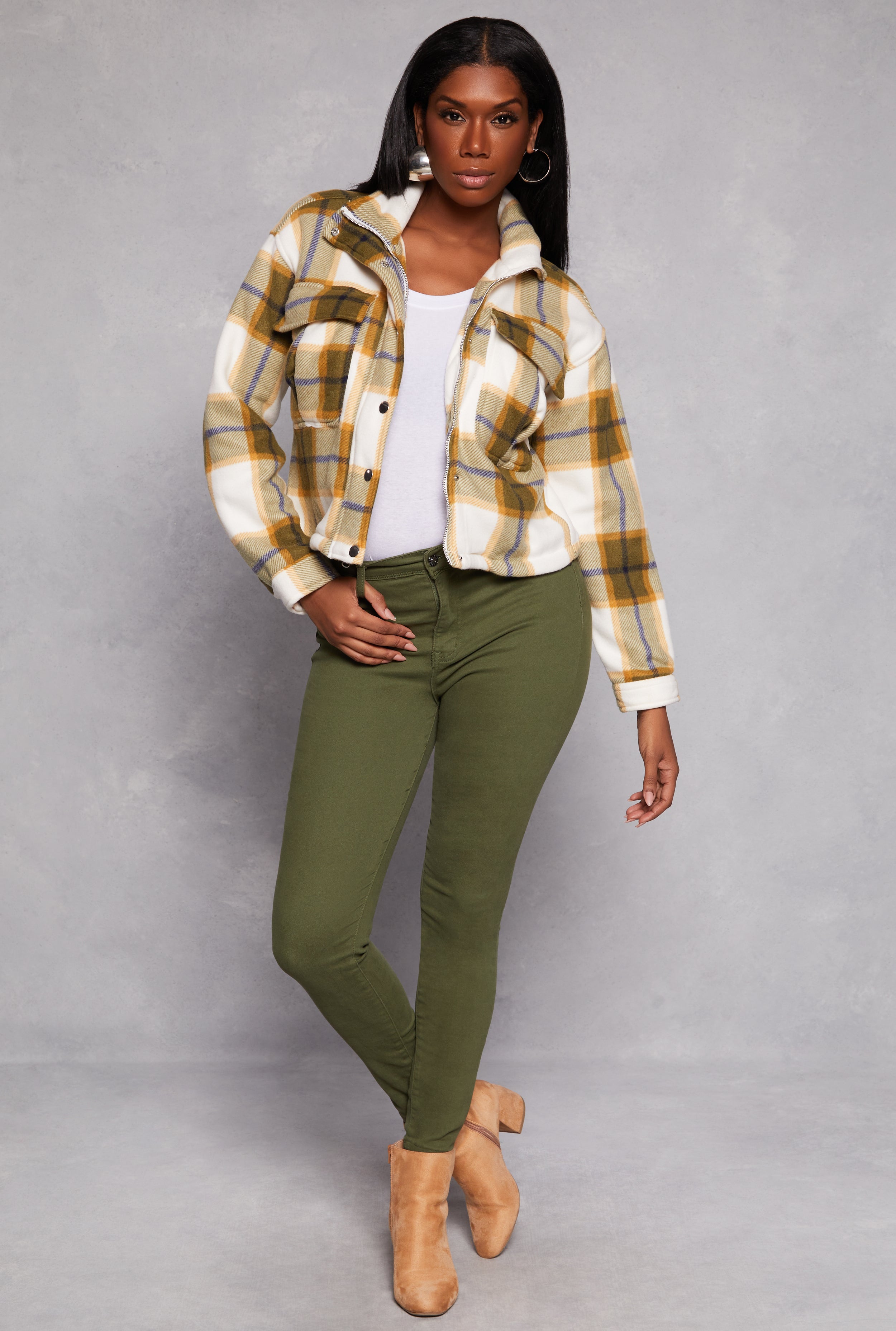 Plaid Snap Button Zip Front Shacket、mySite、camillekostekn