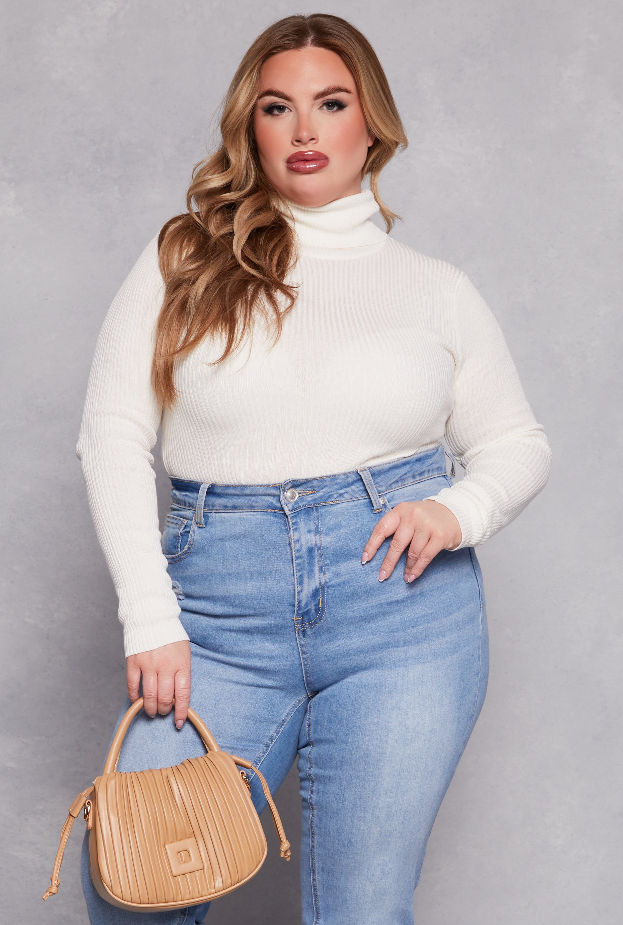 Plus Size Ribbed Knit Pullover Turtleneck Sweater、mySite、camillekostekn
