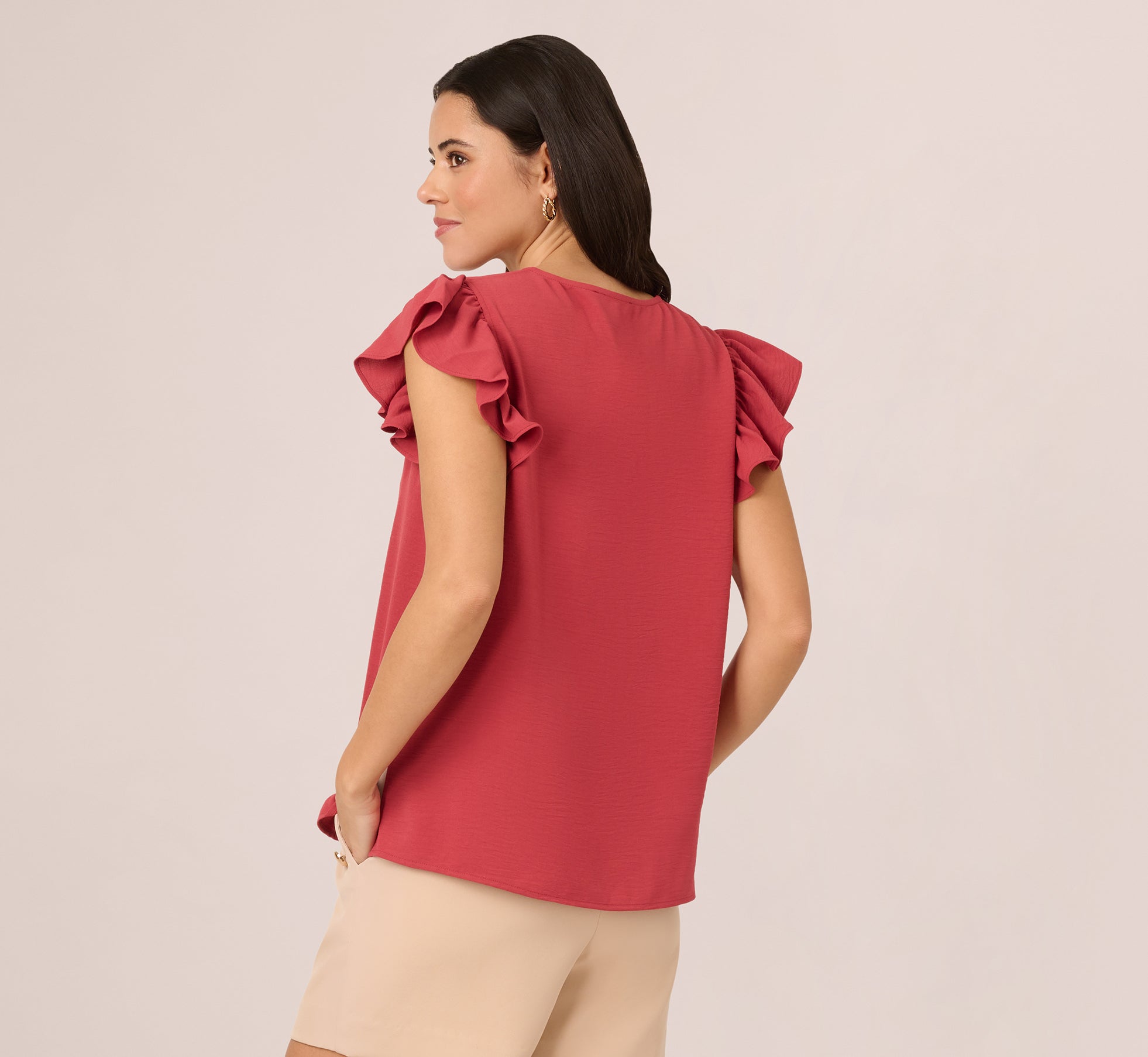 Ruffle Sleeve V Neck Satin Top In Rose、mySite、solidvoid