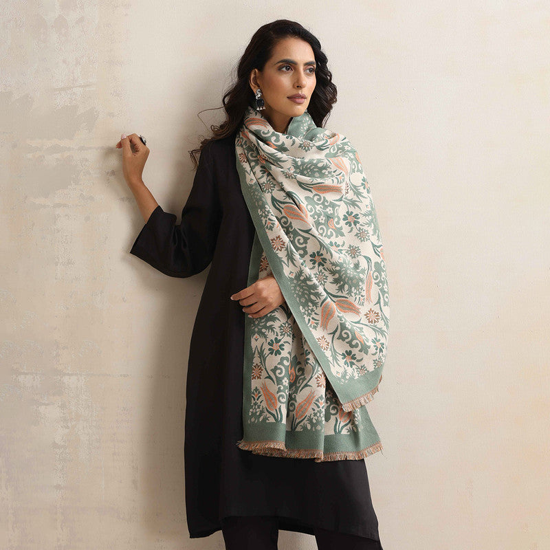 Woolen Reversible Stole | Floral Print | Green、mySite、camillekostekn