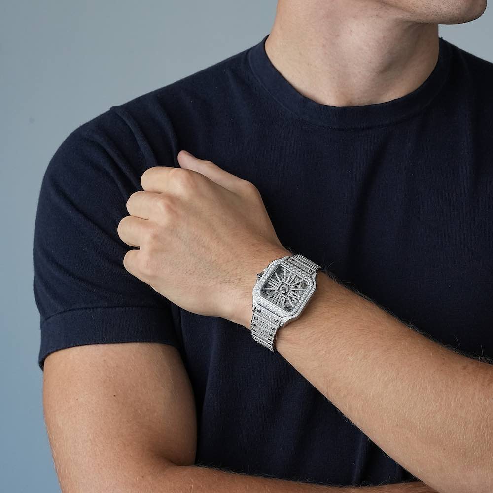 Moissanite Skeleton Watch | 42MM | 14K White Gold | 14.1CT Bust Down、mySite、hinf8tx79