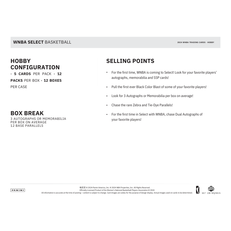 2024 Panini Select WNBA Basketball Hobby 12 Box Case、mySite、waistdrama