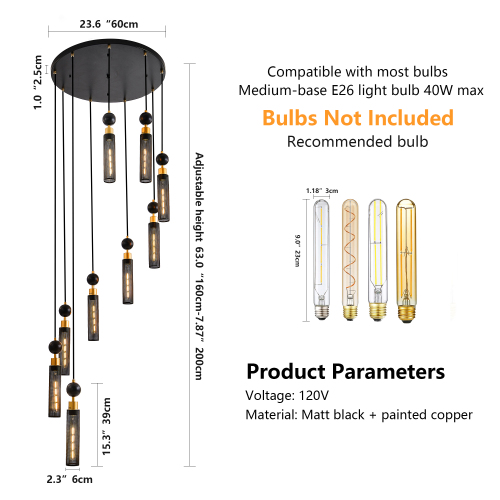 24" Modern Industrial Multi-Light Pendant Chandelier - 9-Light Black and Gold Adjustable Ceiling Light Fixture with Mesh Cylinder Shades for Living Room, Dining Room, or Staircase (Bulb Not Included)、、eastwooduniform