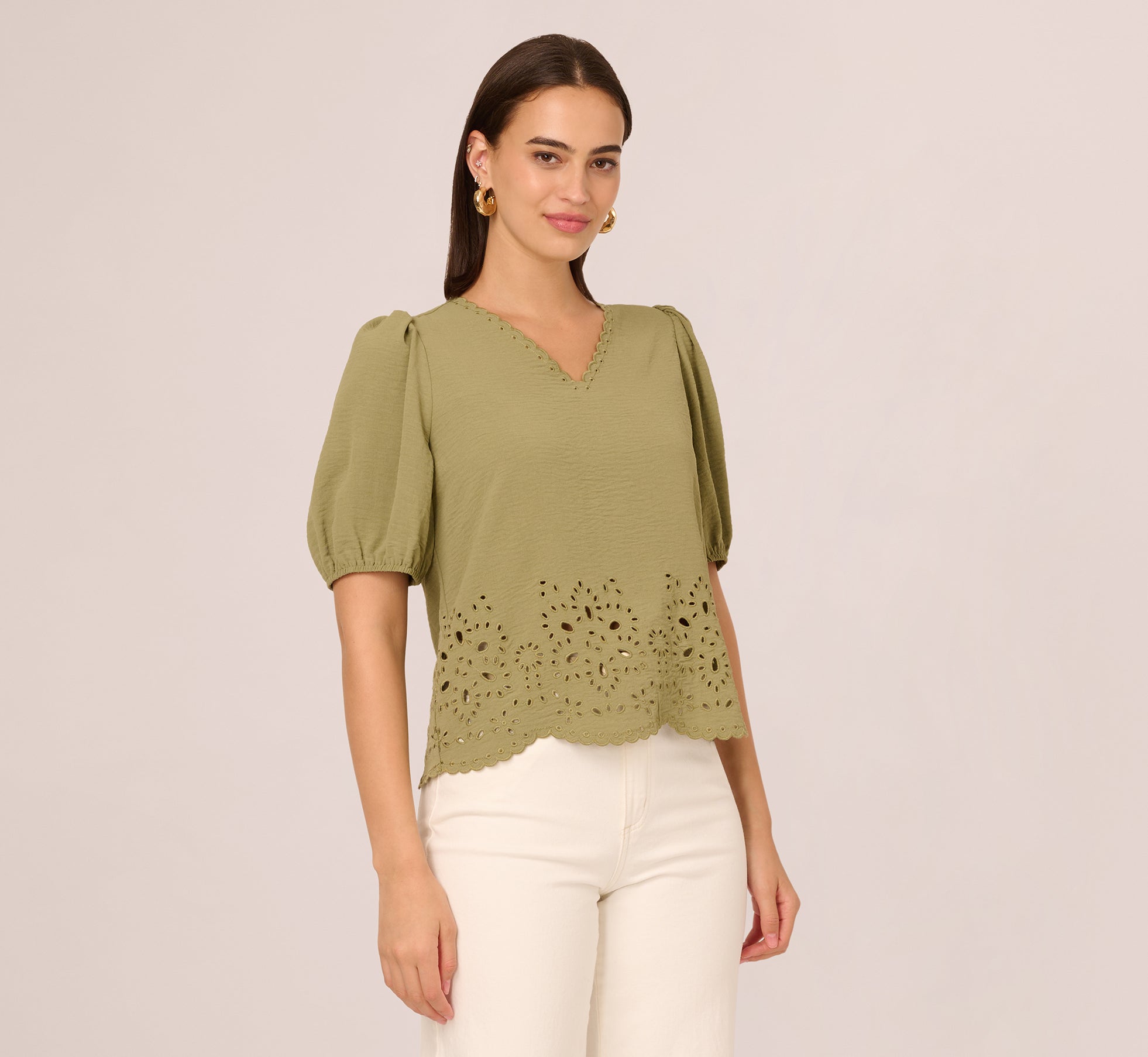 Short Sleeve Scalloped Eyelet Top In Oil Green、mySite、solidvoid