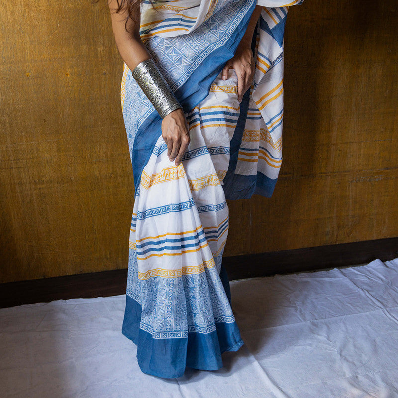 Cotton Printed Saree | Hand Block Print | White & Blue、mySite、camillekostekn