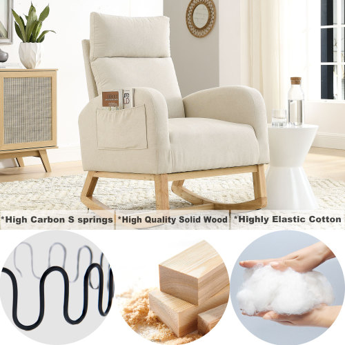 Video Welike 27.6"W Modern Accent High Backrest Living Room Lounge Arm Rocking Chair, Two Side Pocket ,Teddy White (Ivory)、、casual