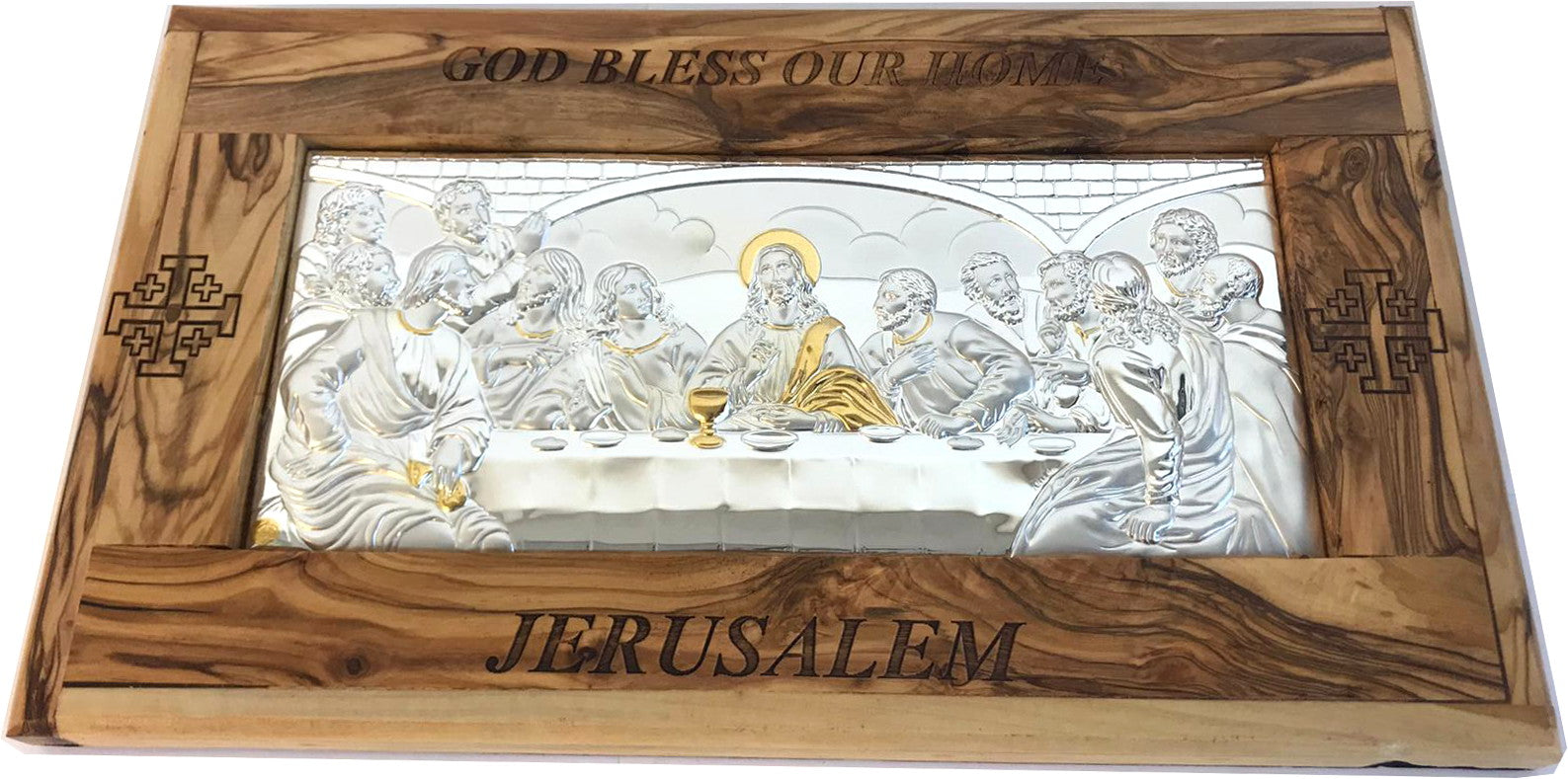 Holy Land Market Last Supper Olive Wood Framed Silver Plaque (12 x 7 inches)、mySite、topwebapps