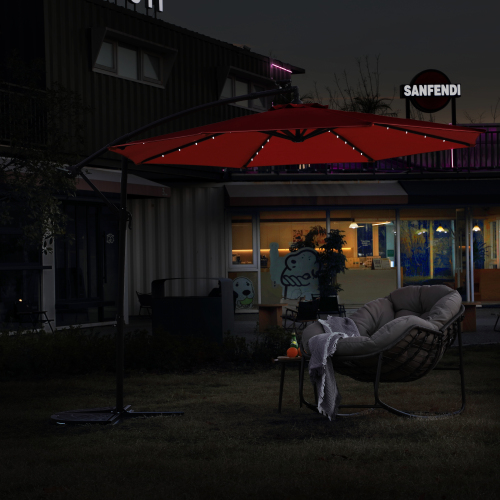 10ft Solar LED Offset Hanging Market Patio Umbrella ( khaki )(No Base)、、eastwooduniform