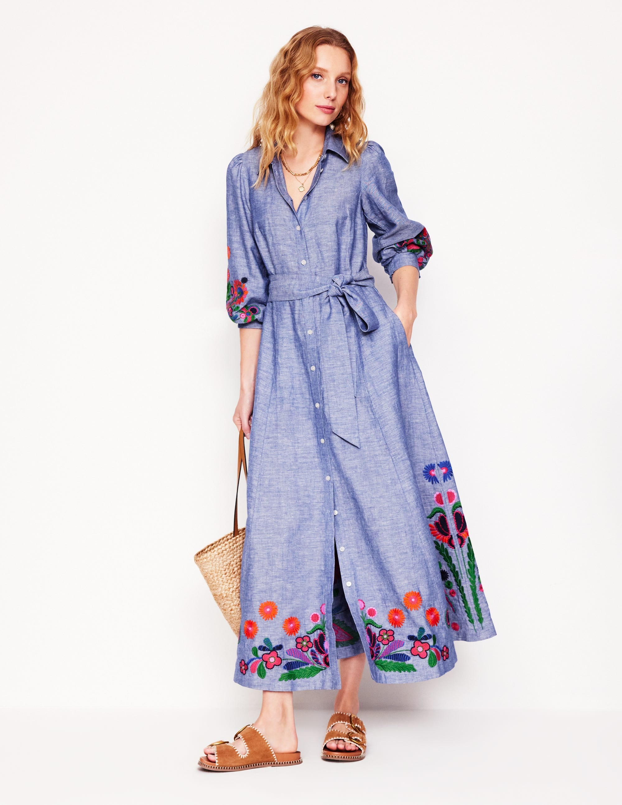  Clara Linen Blend Shirt Dress-Blue Chambray, Embroidered、mySite、ashleygrahame