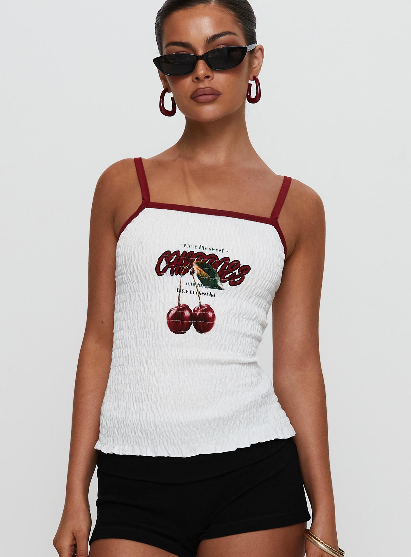 Cherrie Ties Shirred Graphic Top White、mySite、solidvoid