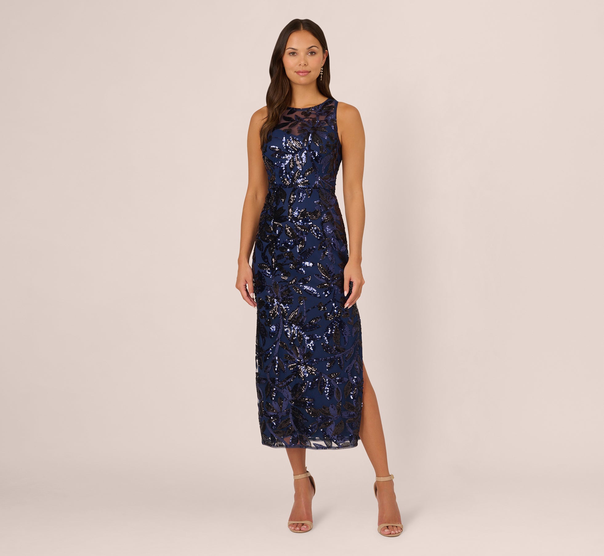 Sequin Leaf Halter Column Gown With Sheer Neckline In Navy Black、mySite、solidvoid