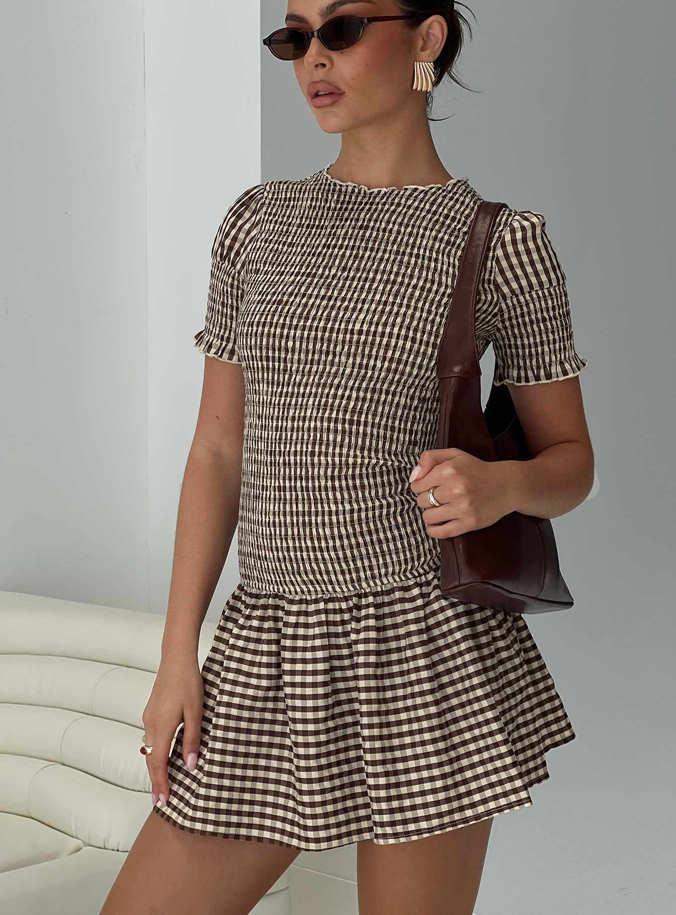 Laurita Shirred Mini Dress Brown Check、mySite、solidvoid