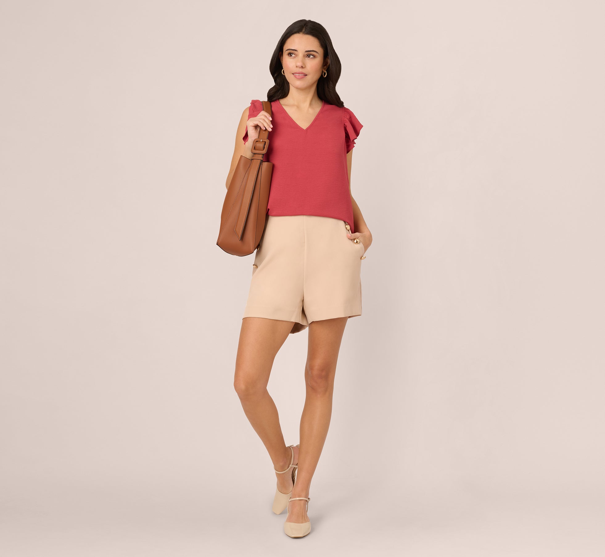 Ruffle Sleeve V Neck Satin Top In Rose、mySite、solidvoid