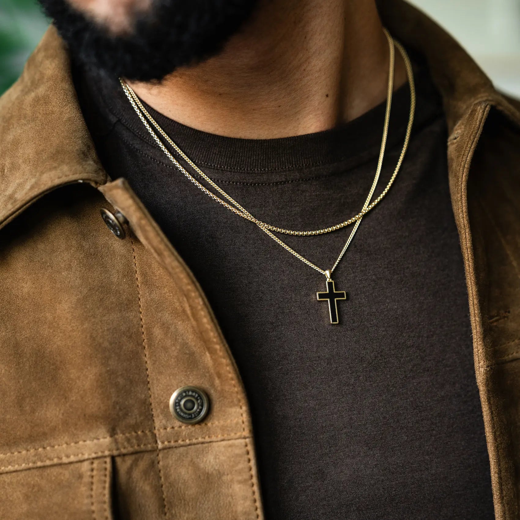  Stone Cross (Large) - 14K Gold Onyx
