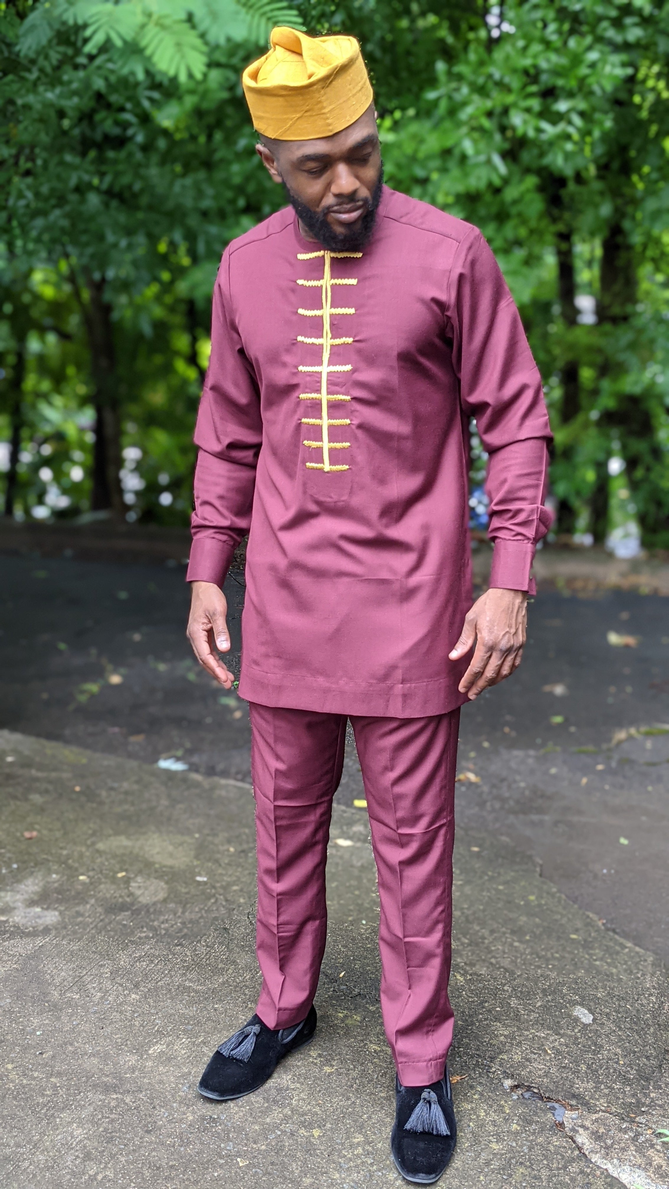 Emilokan Embroidered Burgundy and Gold African Senator Suit、mySite、solidvoid