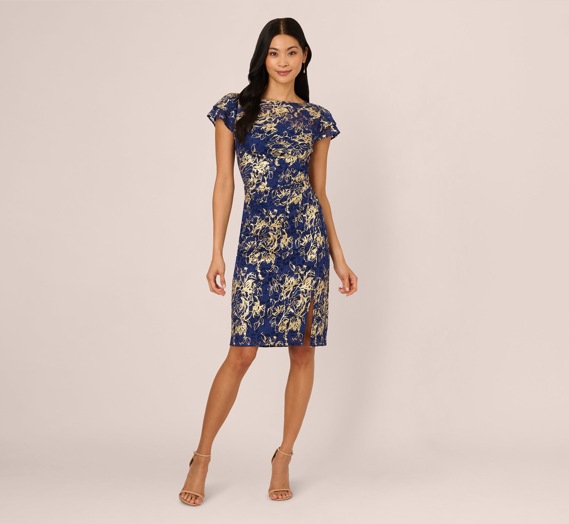 Cap Sleeve Foil Lace Sheath Dress In Navy Gold、mySite、solidvoid