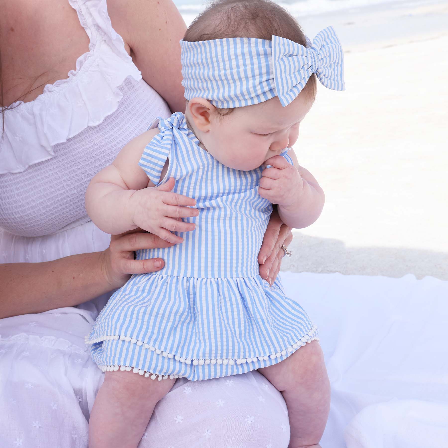  Tiered Skirt with White Pom Trim | Seersucker Blue、mySite、layawaytickets