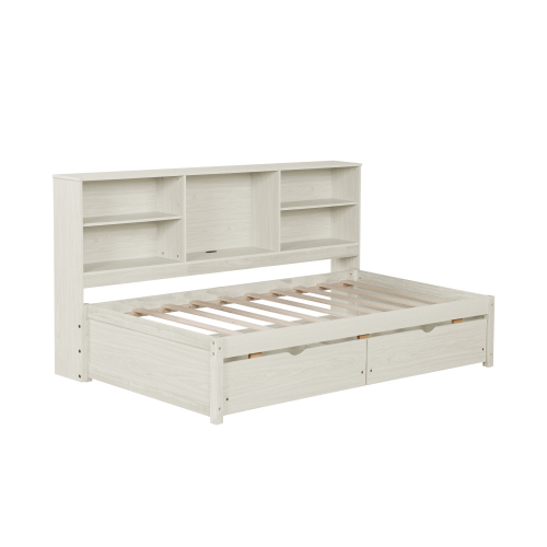 Twin Size Bed Frame With Side Bookshelves, Two Drawers, And Built-in USB Port For Natural Color、、xpatfood