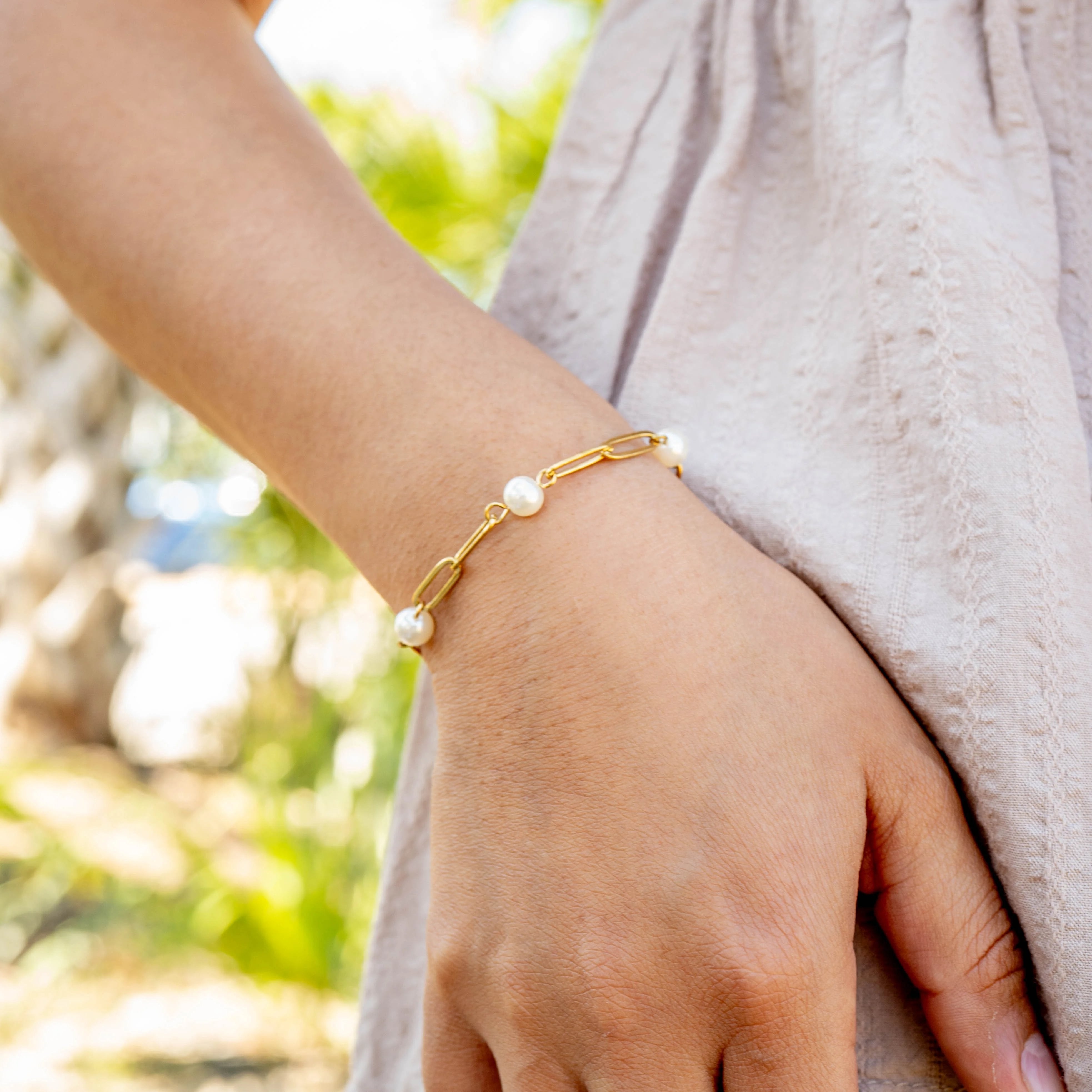 18K Gold PVD Stainless Steel Station Pearl Paperclip Bracelet / BRJ1023、mySite、dreamappss